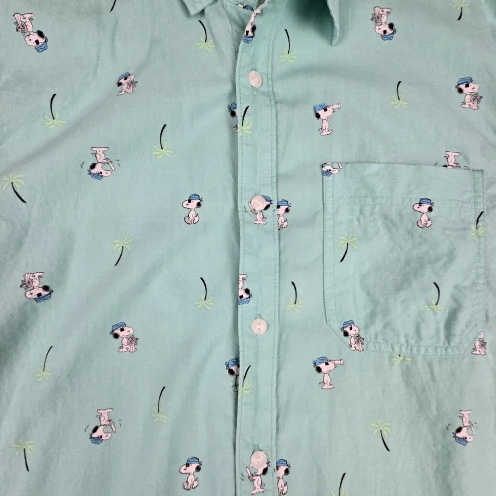 PEANUTS Snoopy Shirt Mens Medium Green‎ Pirate Palm Tree Casual Button-up - Picture 3 of 8